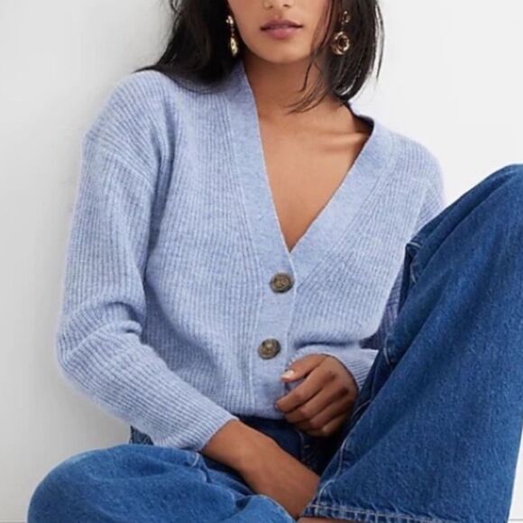 J. Crew Ribbed V-Neck Cardigan Alpaca Wool Blend Blue Size Medium Cozy Casual - Picture 1 of 9